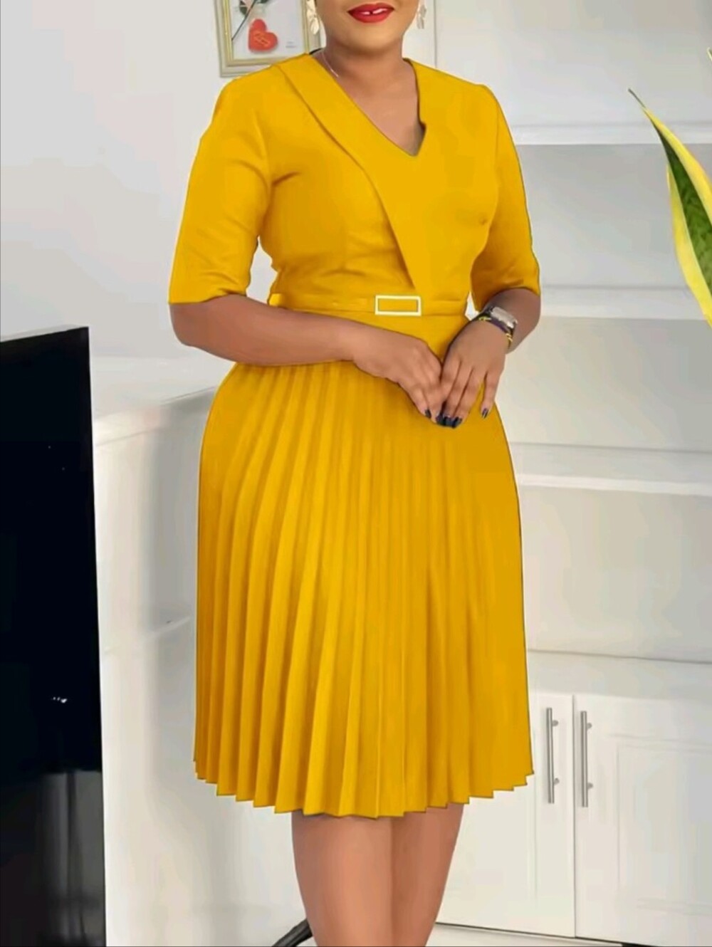 Women's Fashion V Neck Solid Color Pleated African Plus Size Maxi Dress